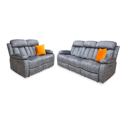 'Merrion’ Dapple Charcoal Fabric 3 + 2 Seater Power Recliner with Drop Down Cup Holder Sofa Set