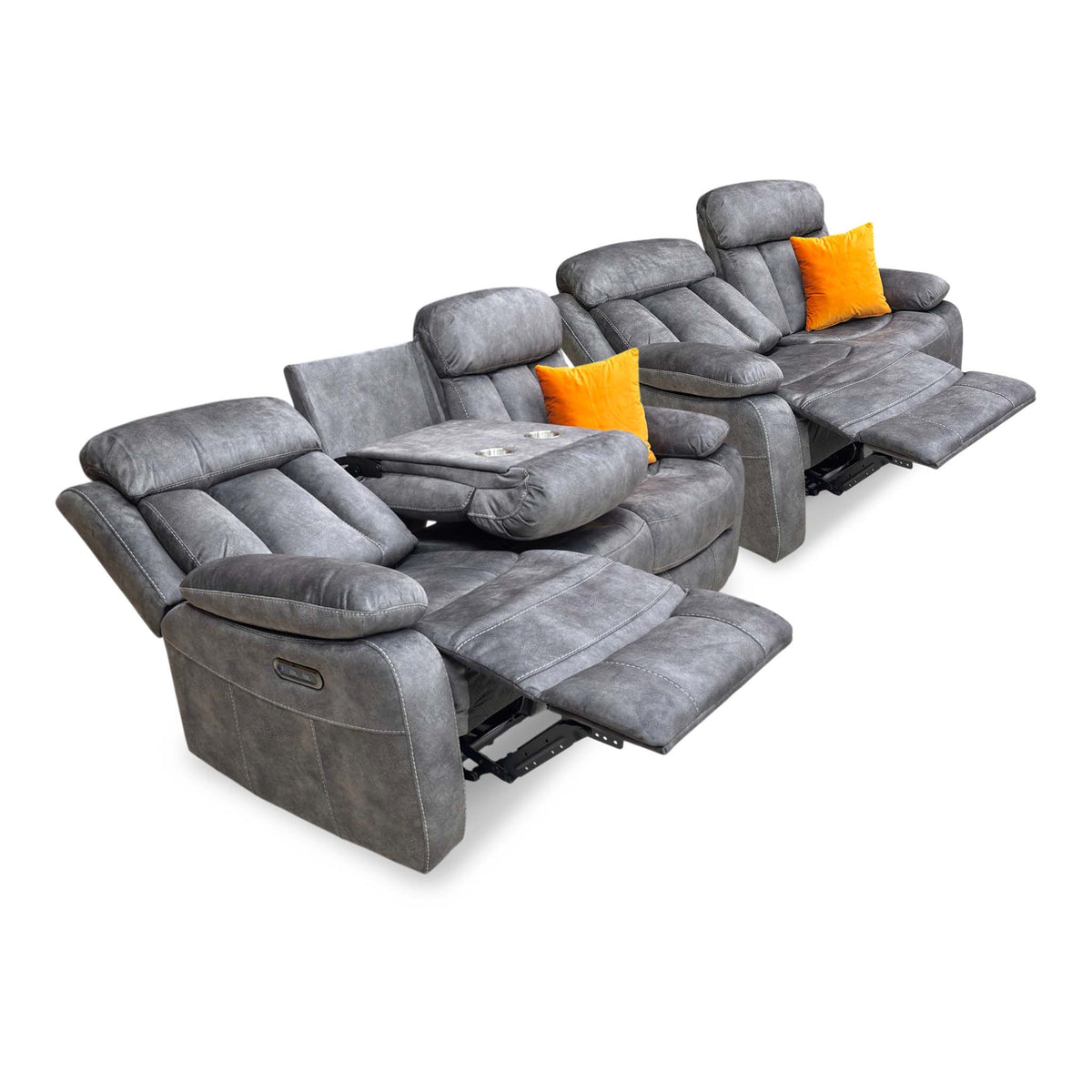 'Merrion’ Dapple Charcoal Fabric 3 + 2 Seater Power Recliner with Drop Down Cup Holder Sofa Set