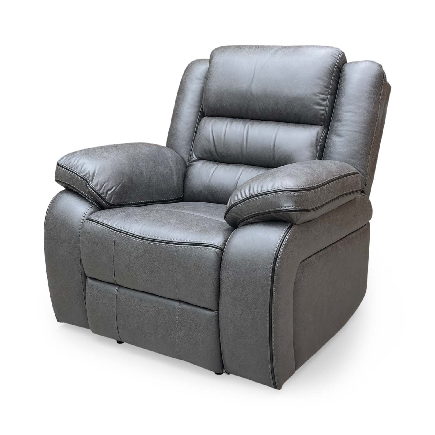 Side view of the charcoal grey power recliner chair in its upright position.