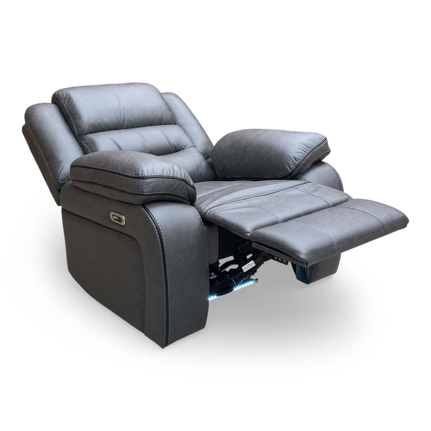 Angled view of the recliner in a home lounge setting, emphasizing its modern aesthetic.