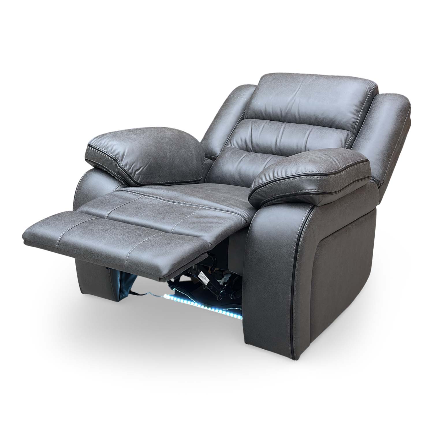 The 'Vegas' power recliner fully extended, showcasing the footrest and reclined backrest for maximum comfort.