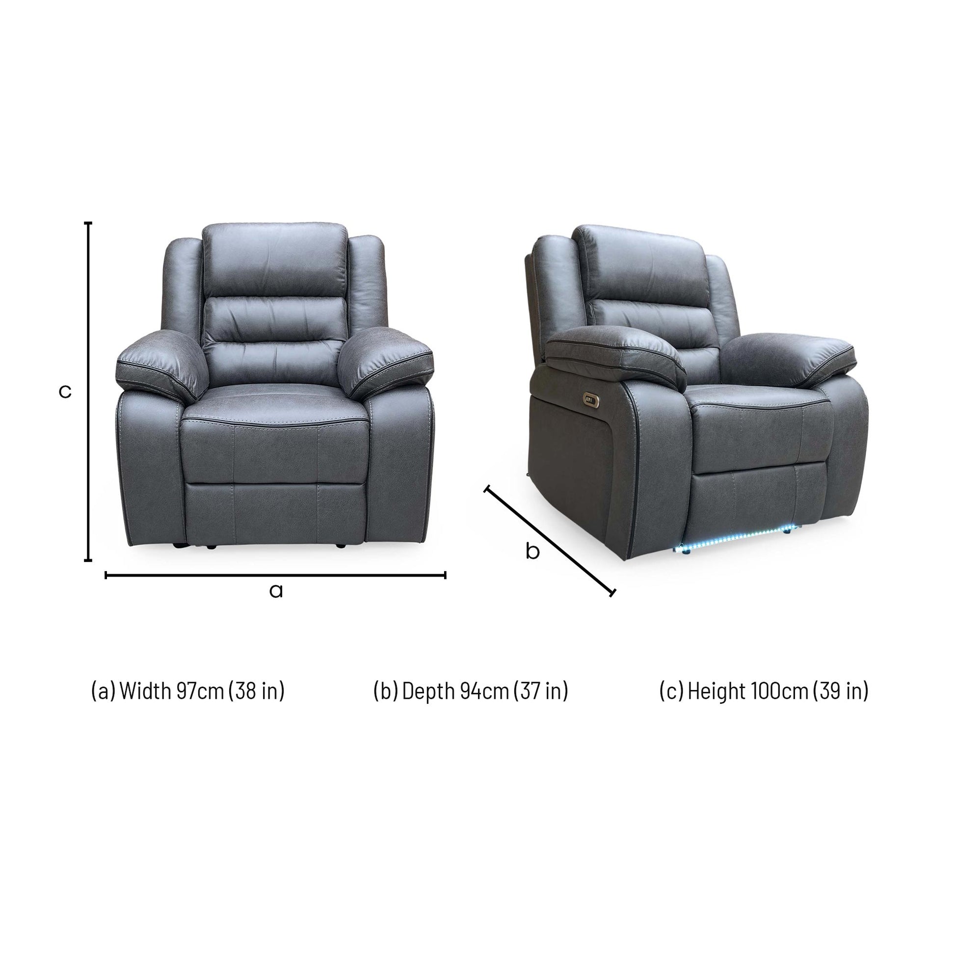Dimensions for the Thornbrook 'Vegas' Charcoal Grey Microfibre Power Recliner Chair