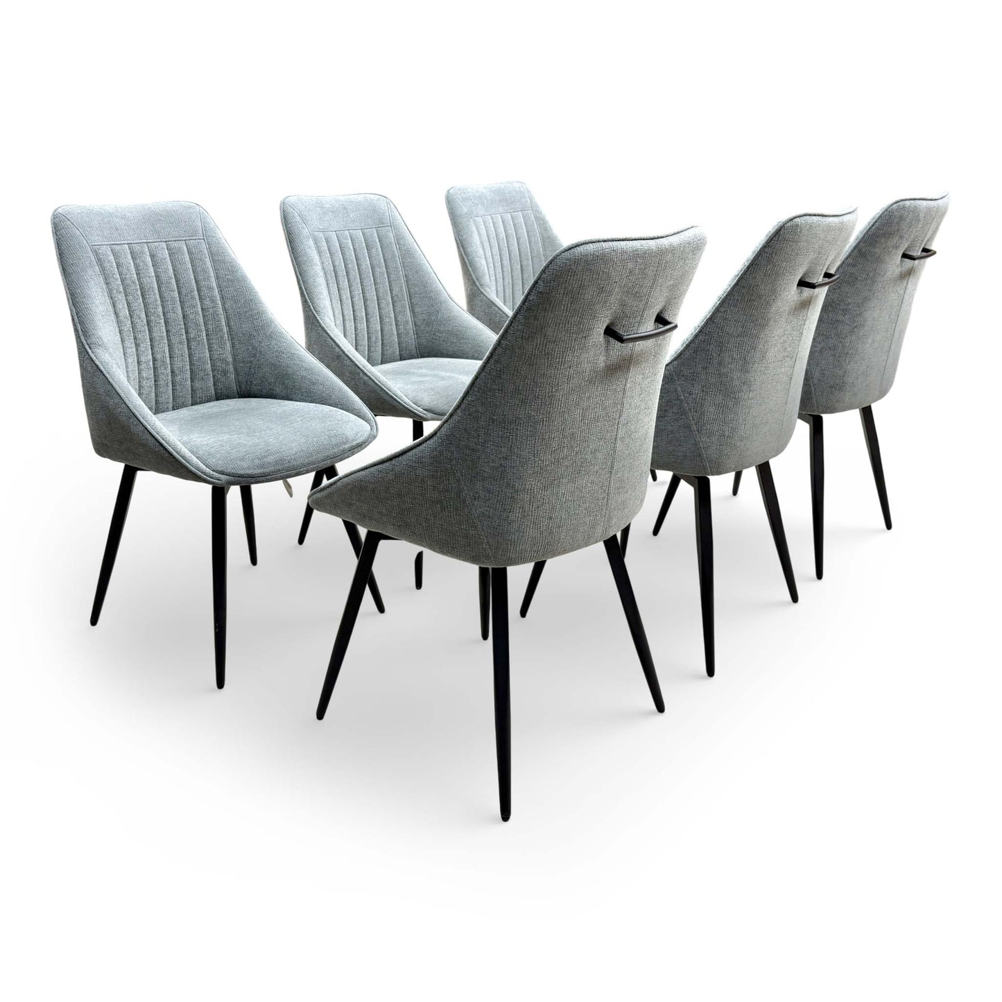 Full view of the 'Crete' dark grey fabric swivel dining chairs set of 6 with curved fluted backs.