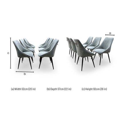 Dimensions for the 'Crete' Dark Grey Fabric Swivel Dining Chairs.