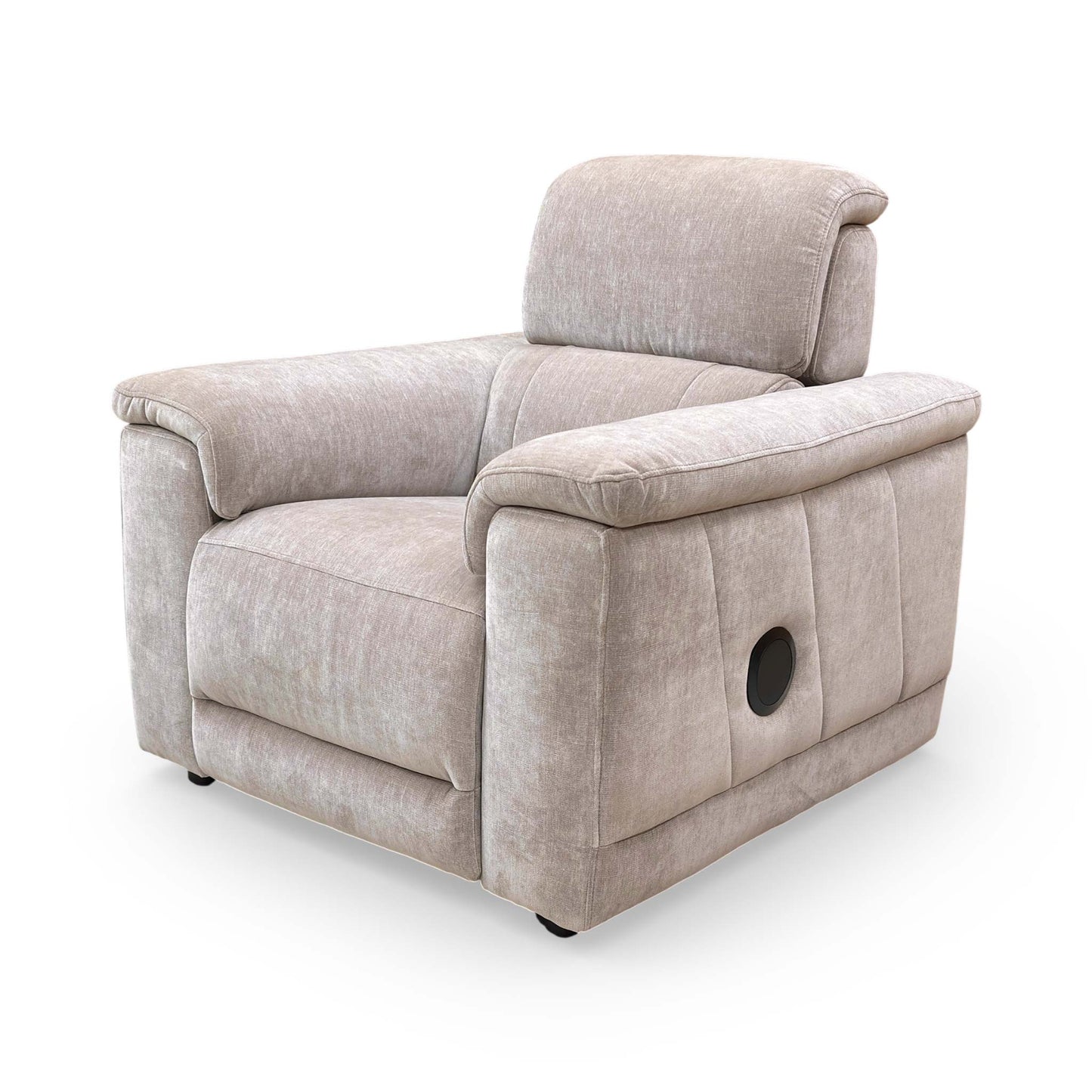 View of the chair from behind, showcasing the durable Nutmeg fabric upholstery.