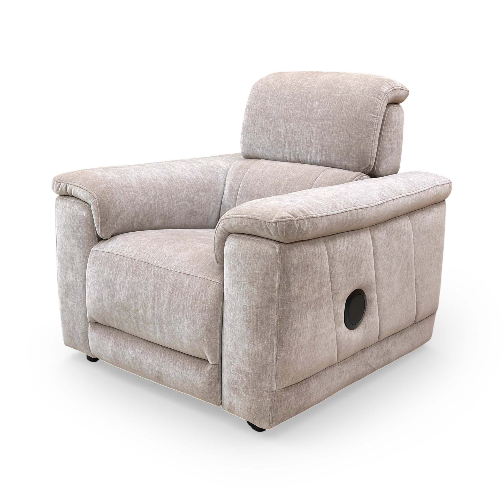 View of the chair from behind, showcasing the durable Nutmeg fabric upholstery.