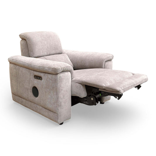 Full view of the 'Genius' Nutmeg Fabric Power Recliner Media Chair, showing its modern design and plush cushioning.