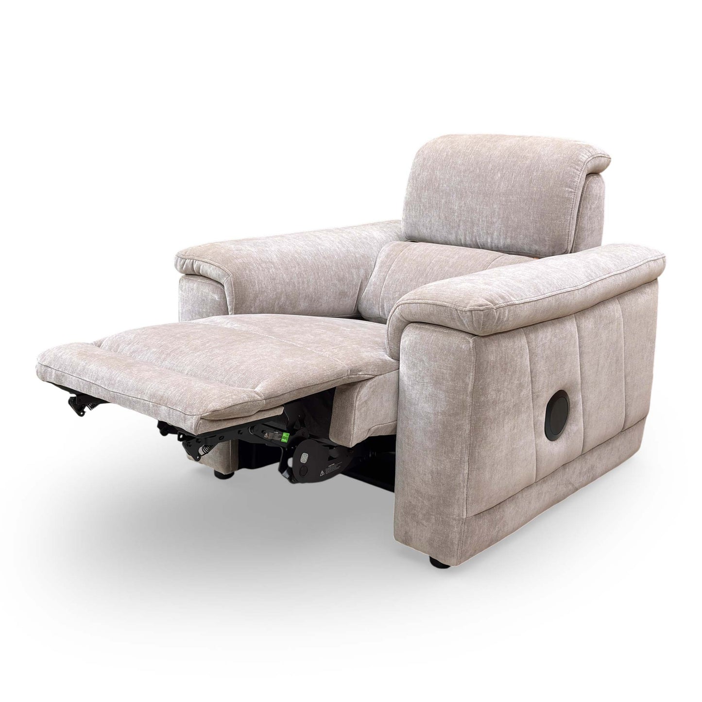Side profile view of the 'Genius' power recliner, showing the full reclining position.