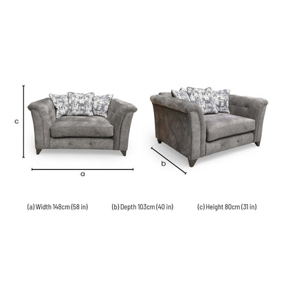 Dimensions for the Boutique ‘Aura’ Kenzo Mink Velvet Scatter Back Love Chair.