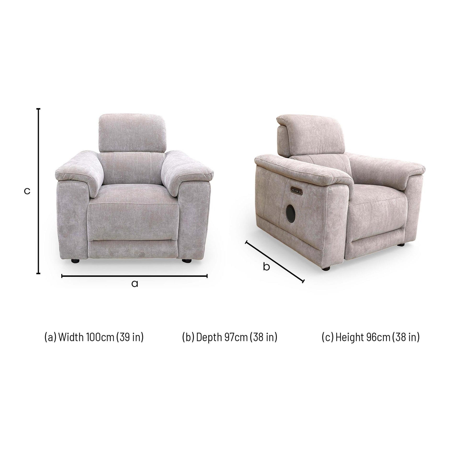 Dimensions for the 'Genius' Nutmeg Fabric Power Recliner Media Chair