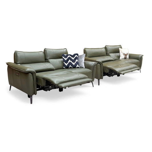 'Jude' Oslo Pine Green Leather 3 + 3 Seater Power Recliner Sofa Set with Telescopic Headrests