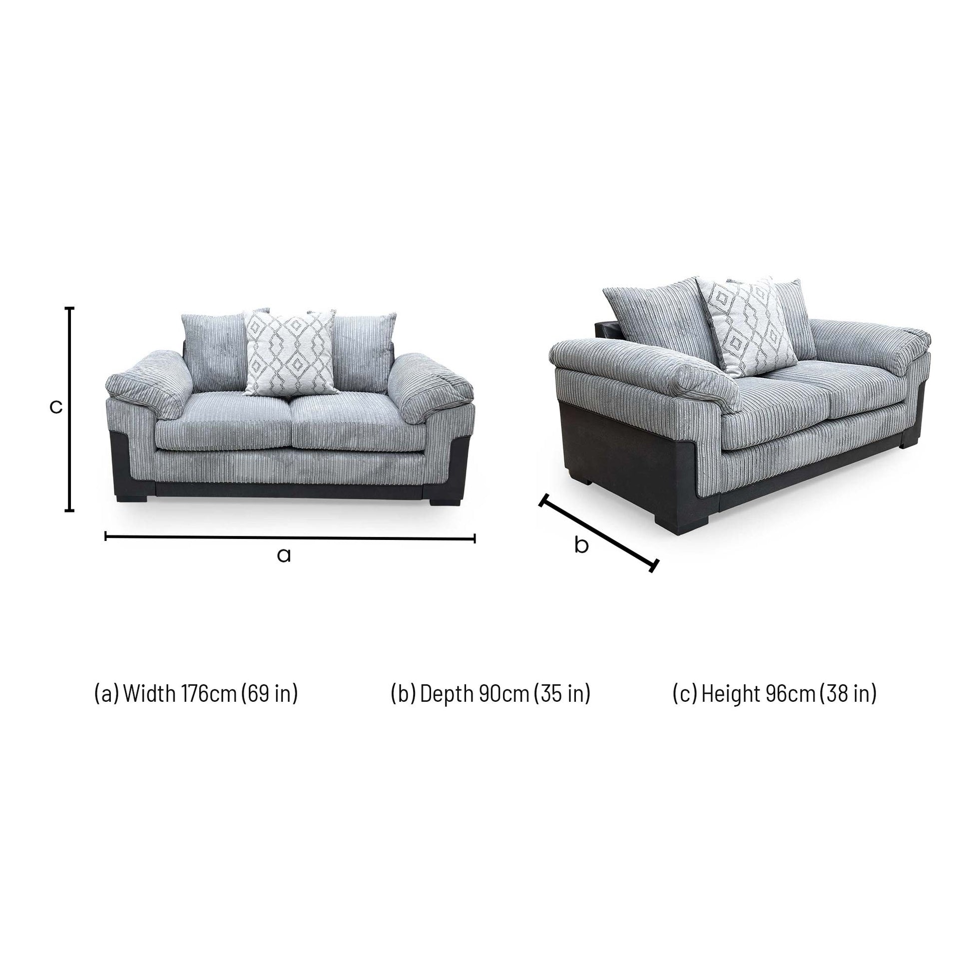 Dimensions for the Very ‘Marissa’ Grey Jumbo Cord Fabric 2 Seater Sofa.