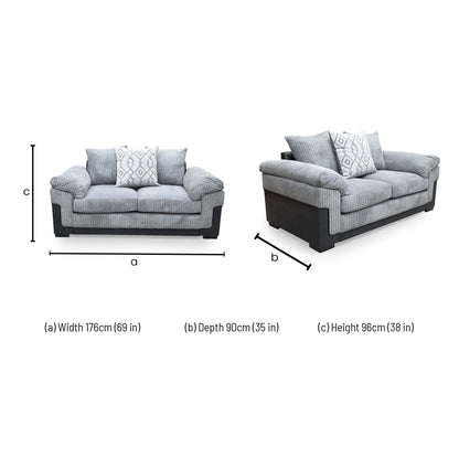 Dimensions for the Very ‘Marissa’ Grey Jumbo Cord Fabric 2 Seater Sofa.