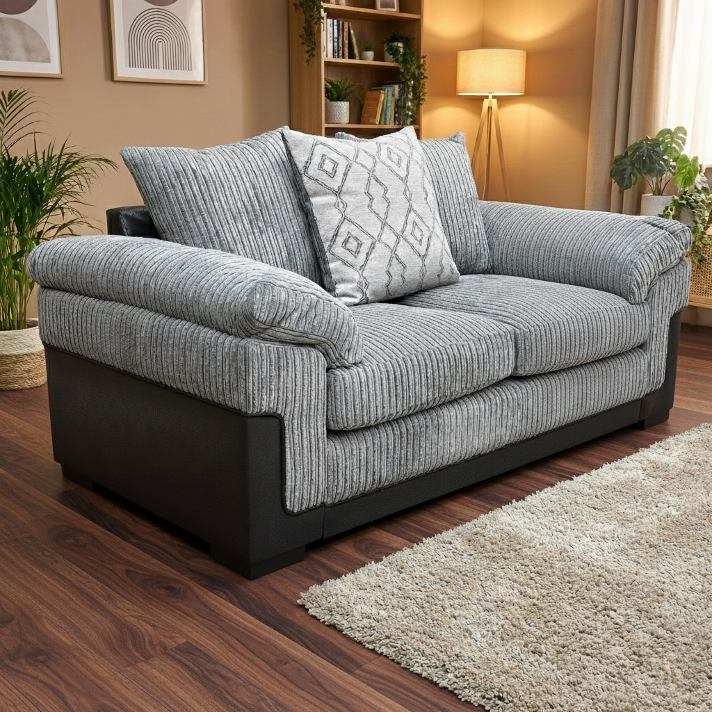 Living Room shot of the ‘Marissa’ grey sofa, highlighting the robust jumbo cord weave and plush seat cushions.