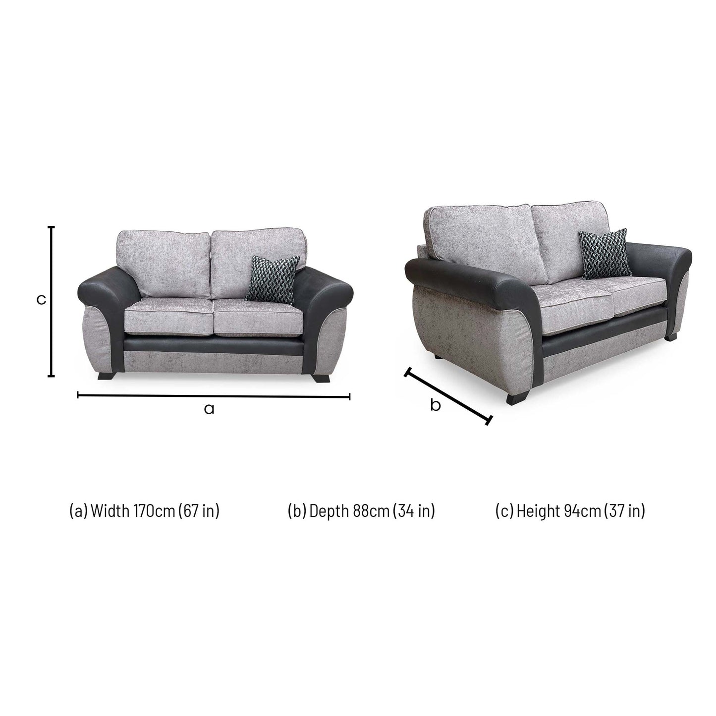 Dimensions for the Marino’ Grey Fabric Mix 2 Seater Sofa.