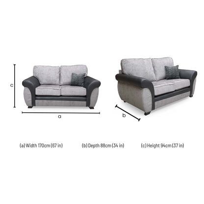 Dimensions for the Marino’ Grey Fabric Mix 2 Seater Sofa.