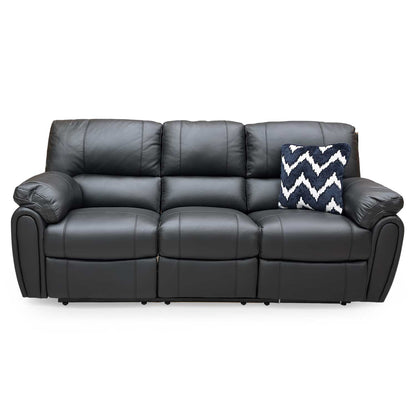 Front view of the Very ‘Leighton’ 3 seater power recliner sofa in black faux leather, featuring a supportive high-back design.