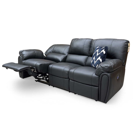 Full view of the Very ‘Leighton’ 3 seater power recliner sofa in black faux leather, featuring a supportive high-back design.