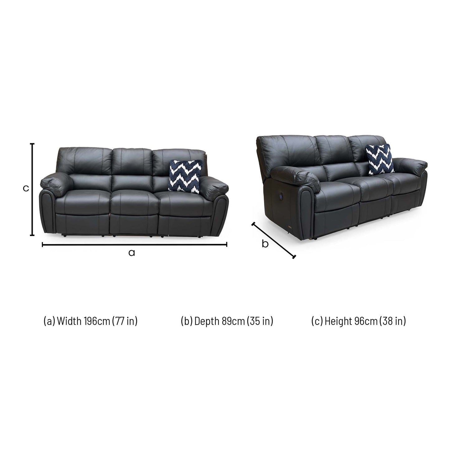 Dimensions for the Very ‘Leighton’ Black Faux Leather High Back 3 Seater Power Recliner Sofa.