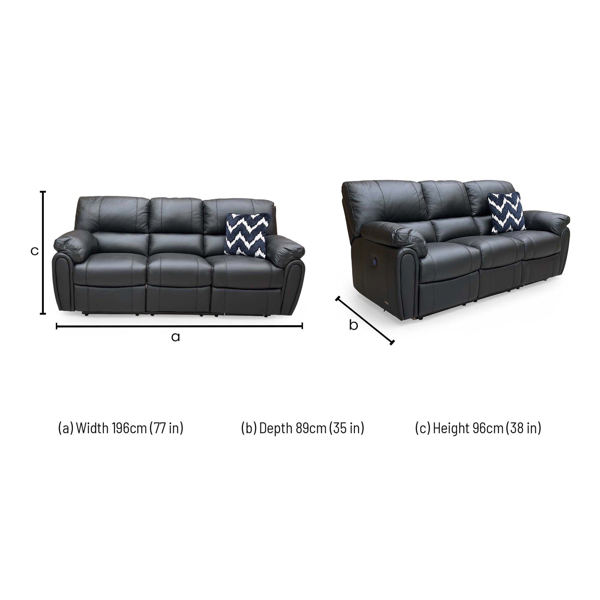 Dimensions for the Very ‘Leighton’ Black Faux Leather High Back 3 Seater Power Recliner Sofa.