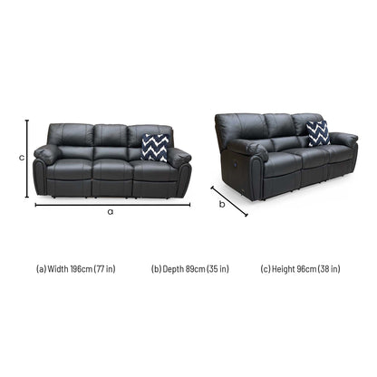 Dimensions for the Very ‘Leighton’ Black Faux Leather High Back 3 Seater Power Recliner Sofa.