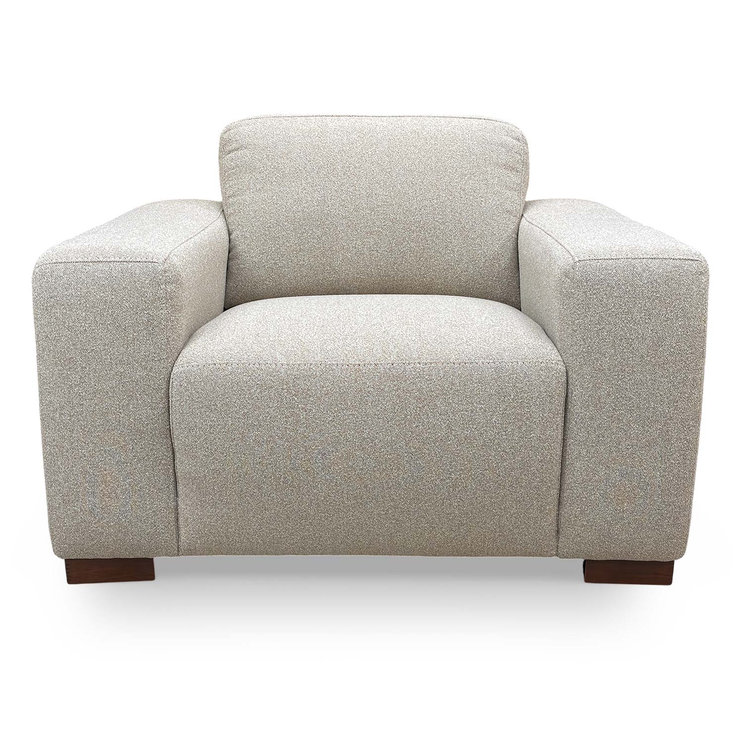 Front view of the Very Michelle Keegan Home ‘Cortes’ armchair in natural fabric, featuring a sleek, contemporary design.