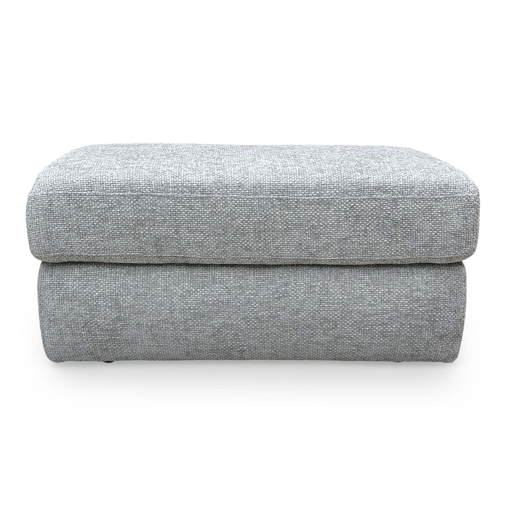 Front view of the Very ‘Avena’ footstool in soft grey fabric, featuring a clean rectangular design and subtle stitching.