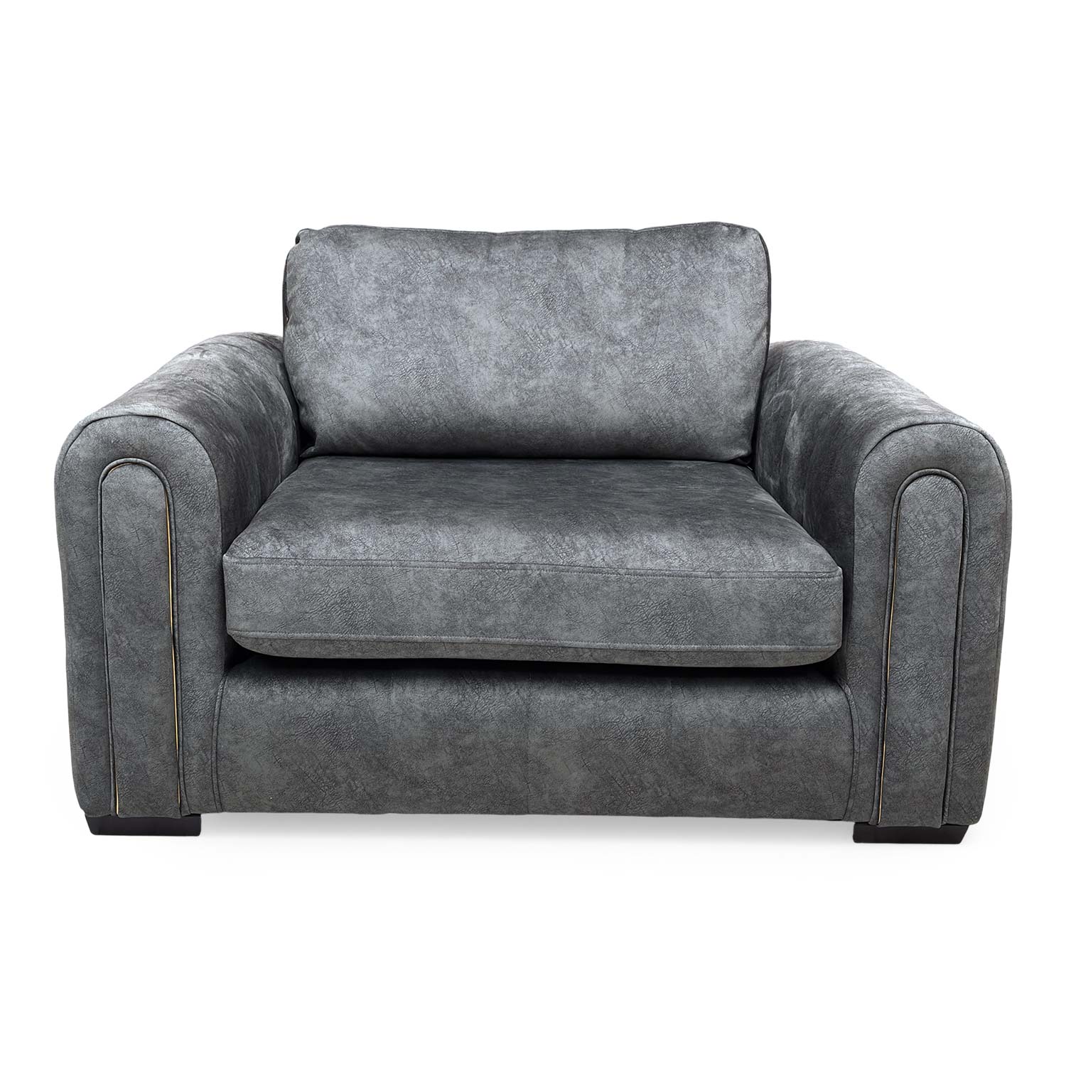 Front view of the Very ‘Amara’ snuggle chair in charcoal velvet, featuring a deep, plush seat and modern design.