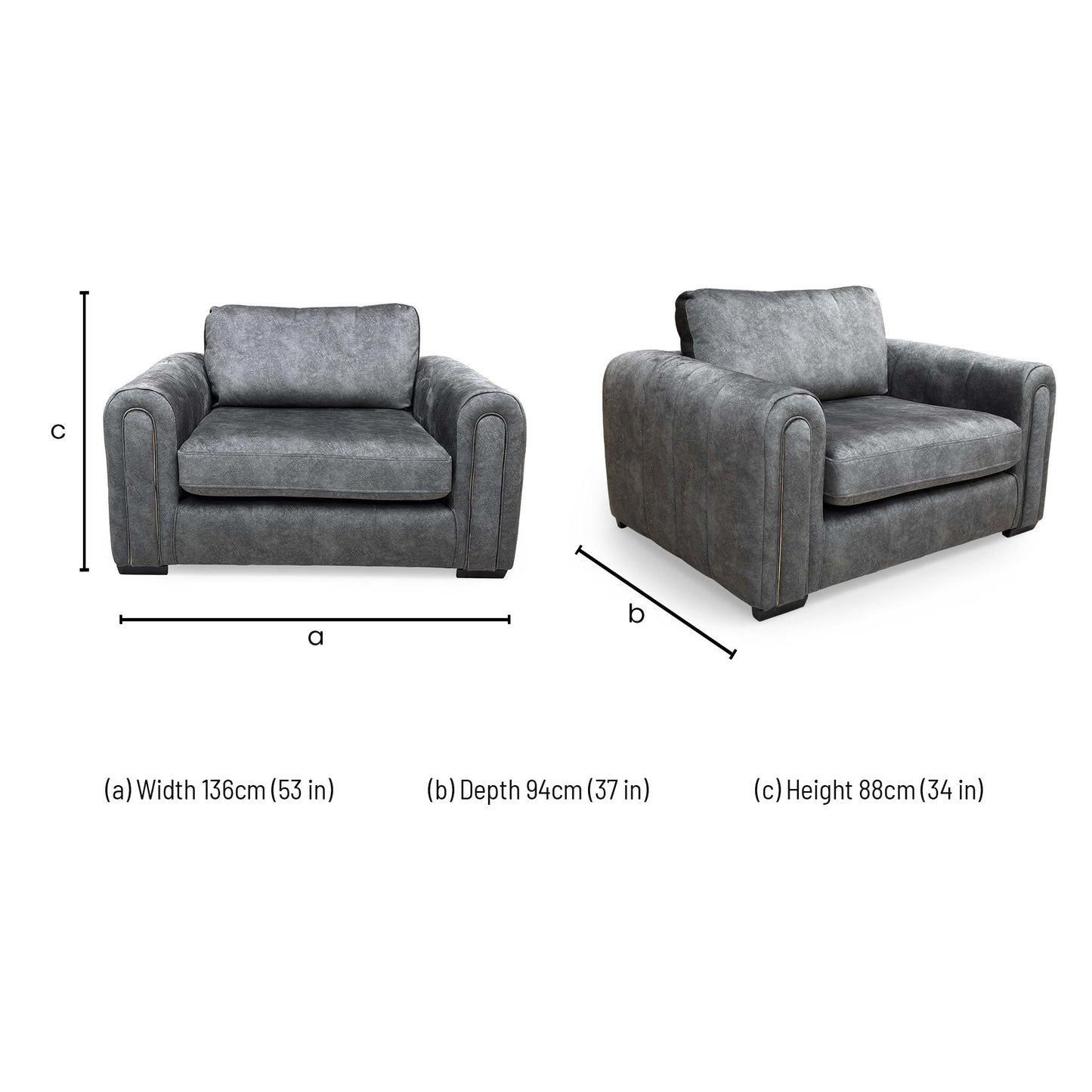 Dimensions for the Very ‘Amara’ Charcoal Velvet Snuggle Chair.