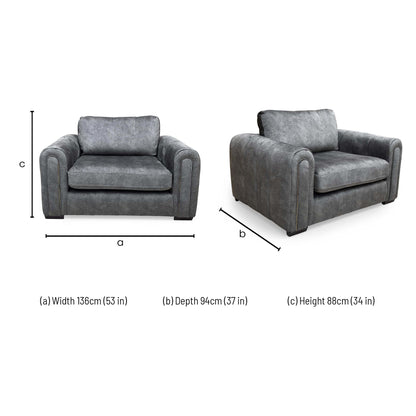Dimensions for the Very ‘Amara’ Charcoal Velvet Snuggle Chair.