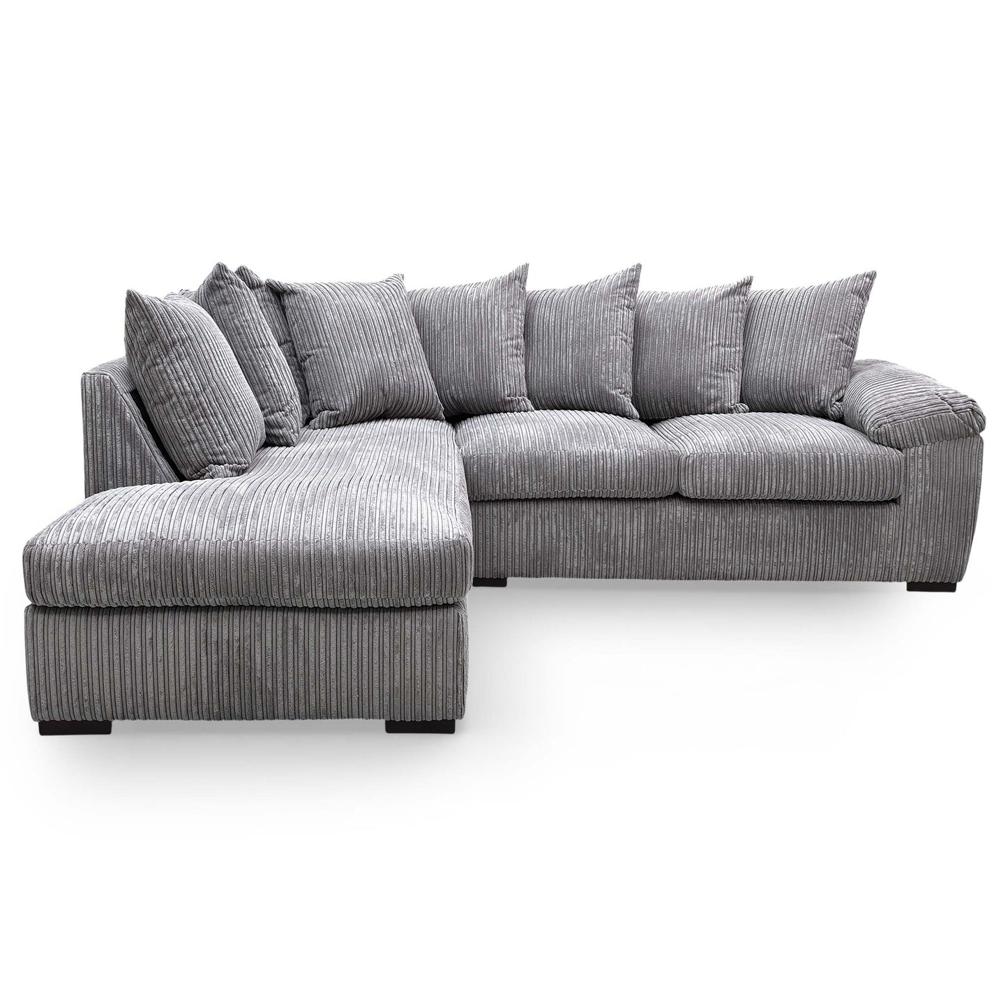 Front view of the Very ‘Amalfi’ left-hand facing corner chaise sofa in charcoal cord fabric, featuring a modern and spacious design.
