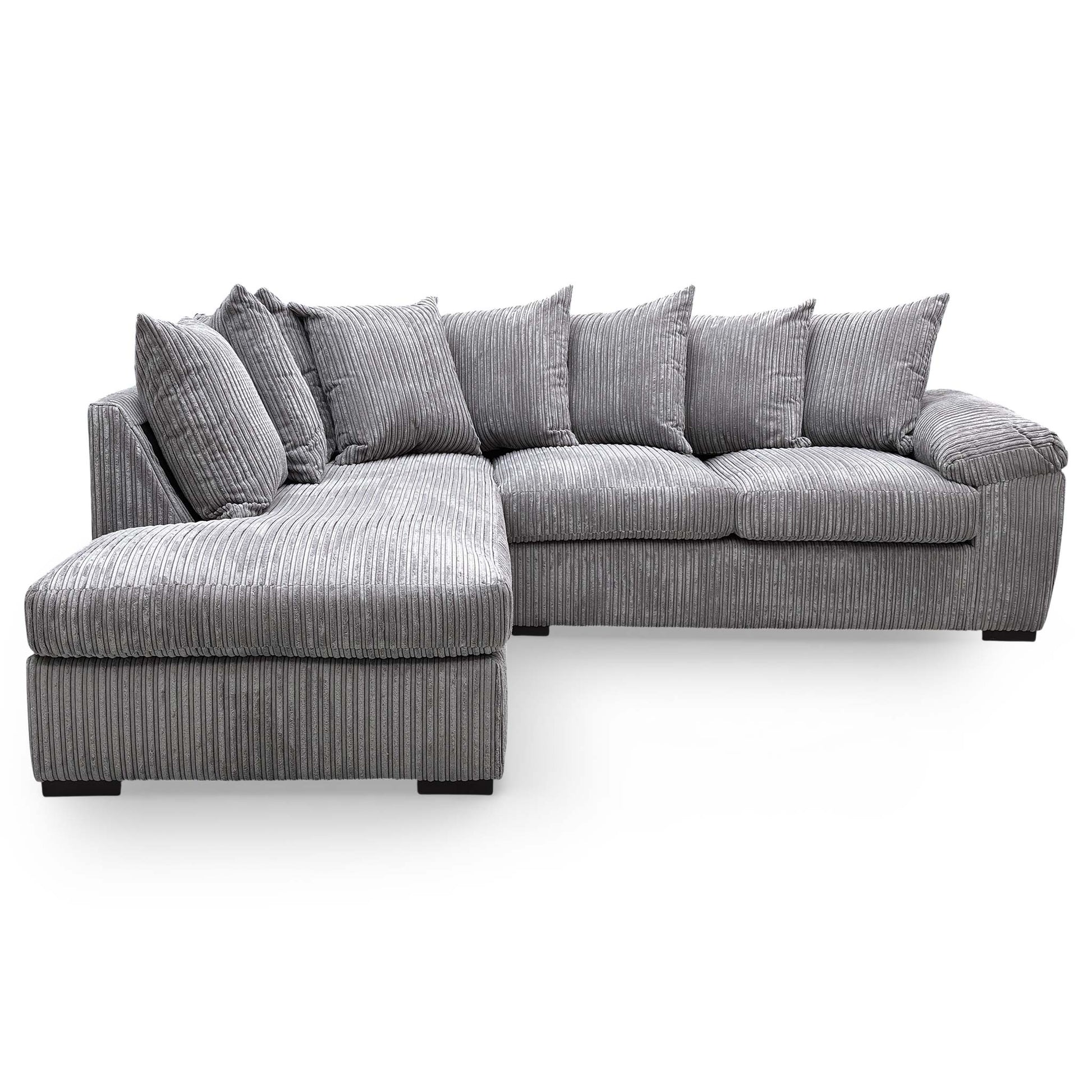 Front view of the Very ‘Amalfi’ left-hand facing corner chaise sofa in charcoal cord fabric, featuring a modern and spacious design.