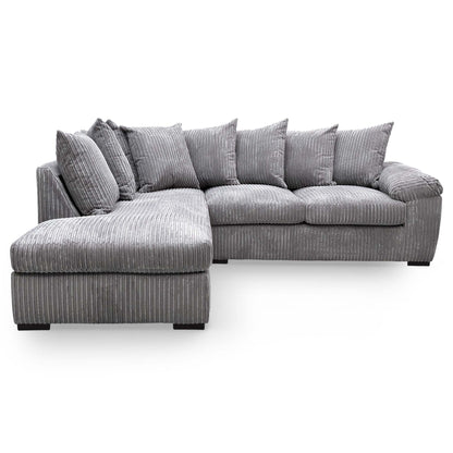 Front view of the Very ‘Amalfi’ left-hand facing corner chaise sofa in charcoal cord fabric, featuring a modern and spacious design.