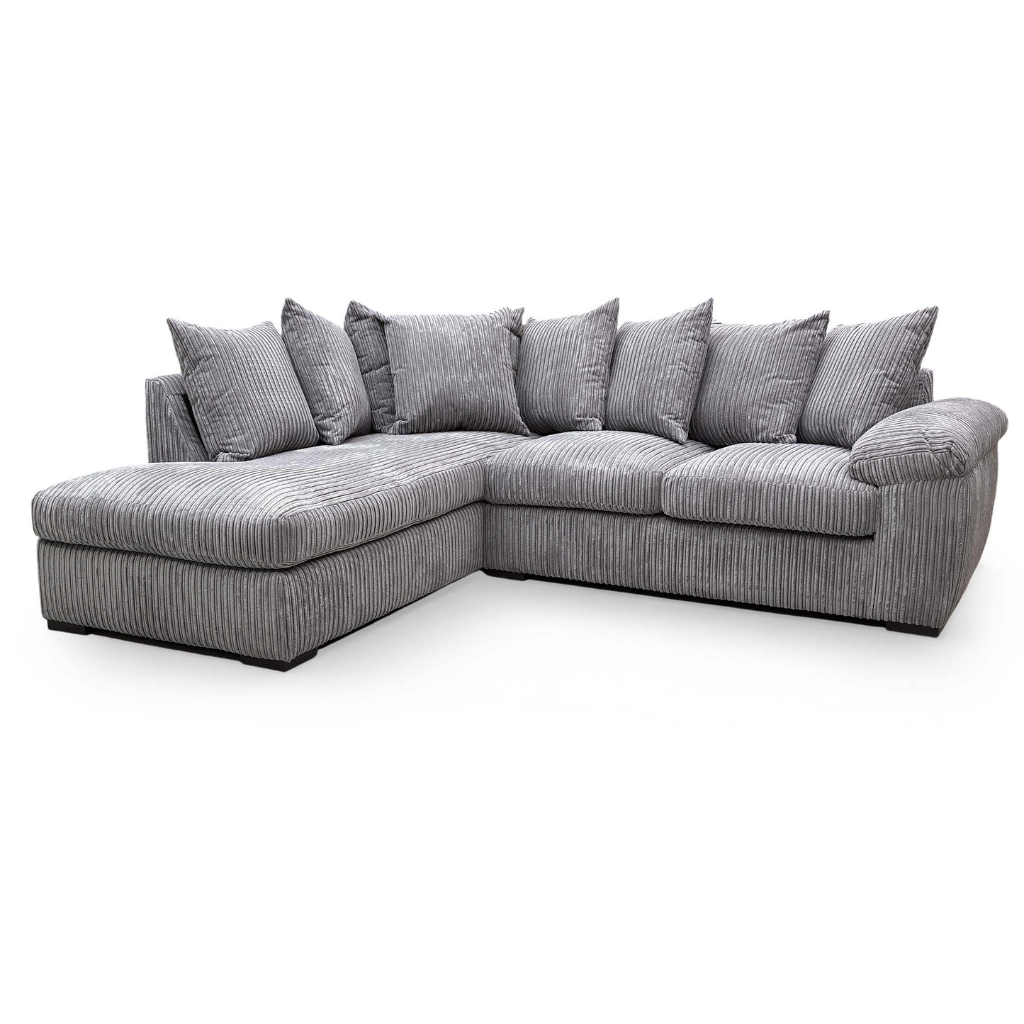 Front view of the Very ‘Amalfi’ left-hand facing corner chaise sofa in charcoal cord fabric, featuring a modern and spacious design.