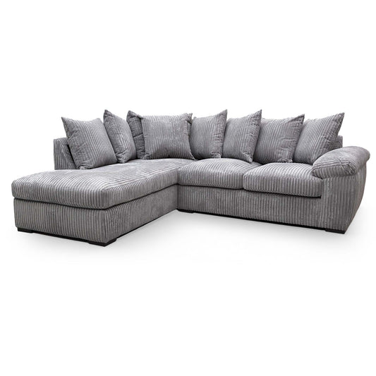 Front view of the Very ‘Amalfi’ left-hand facing corner chaise sofa in charcoal cord fabric, featuring a modern and spacious design.