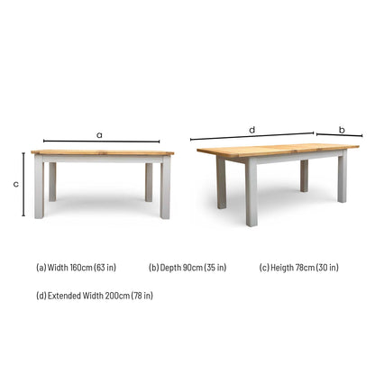 Dimensions for the Furniture Village ‘Lewis’ Rectangular 160cm Extending Dining Table.