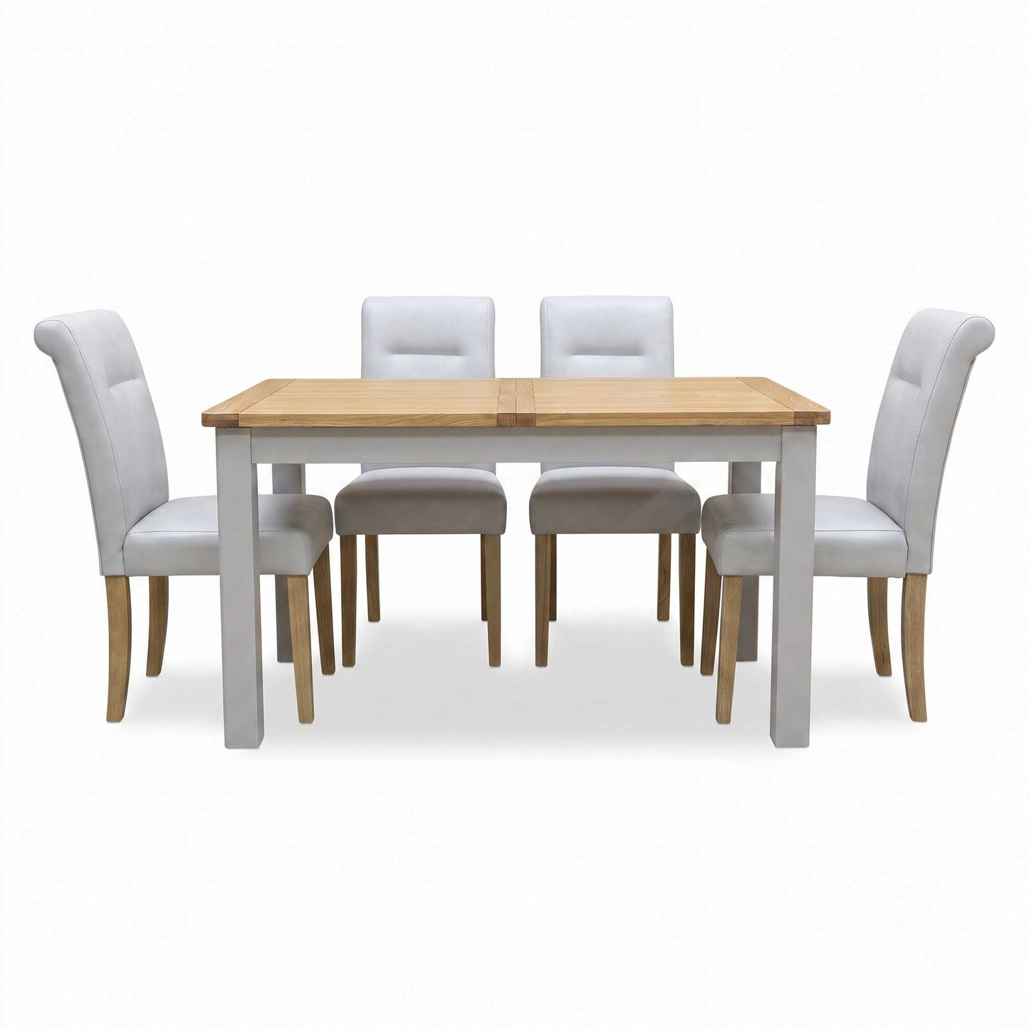 ‘Lewis’ Rectangular 160cm Extending Dining Table with Light Grey Faux Leather Roll Back Fixed Dining Chairs - Set of 4 Furniture Village