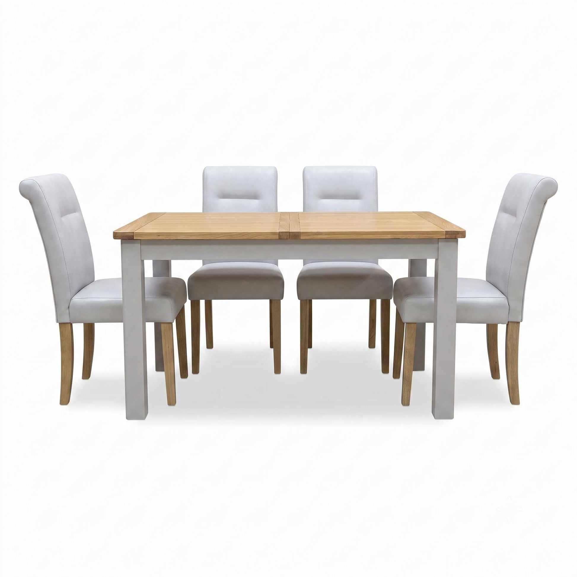 ‘Lewis’ Rectangular 160cm Extending Dining Table with Light Grey Faux Leather Roll Back Fixed Dining Chairs - Set of 4 Furniture Village