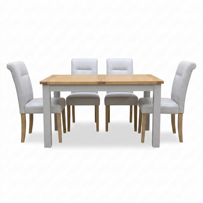 ‘Lewis’ Rectangular 160cm Extending Dining Table with Light Grey Faux Leather Roll Back Fixed Dining Chairs - Set of 4 Furniture Village