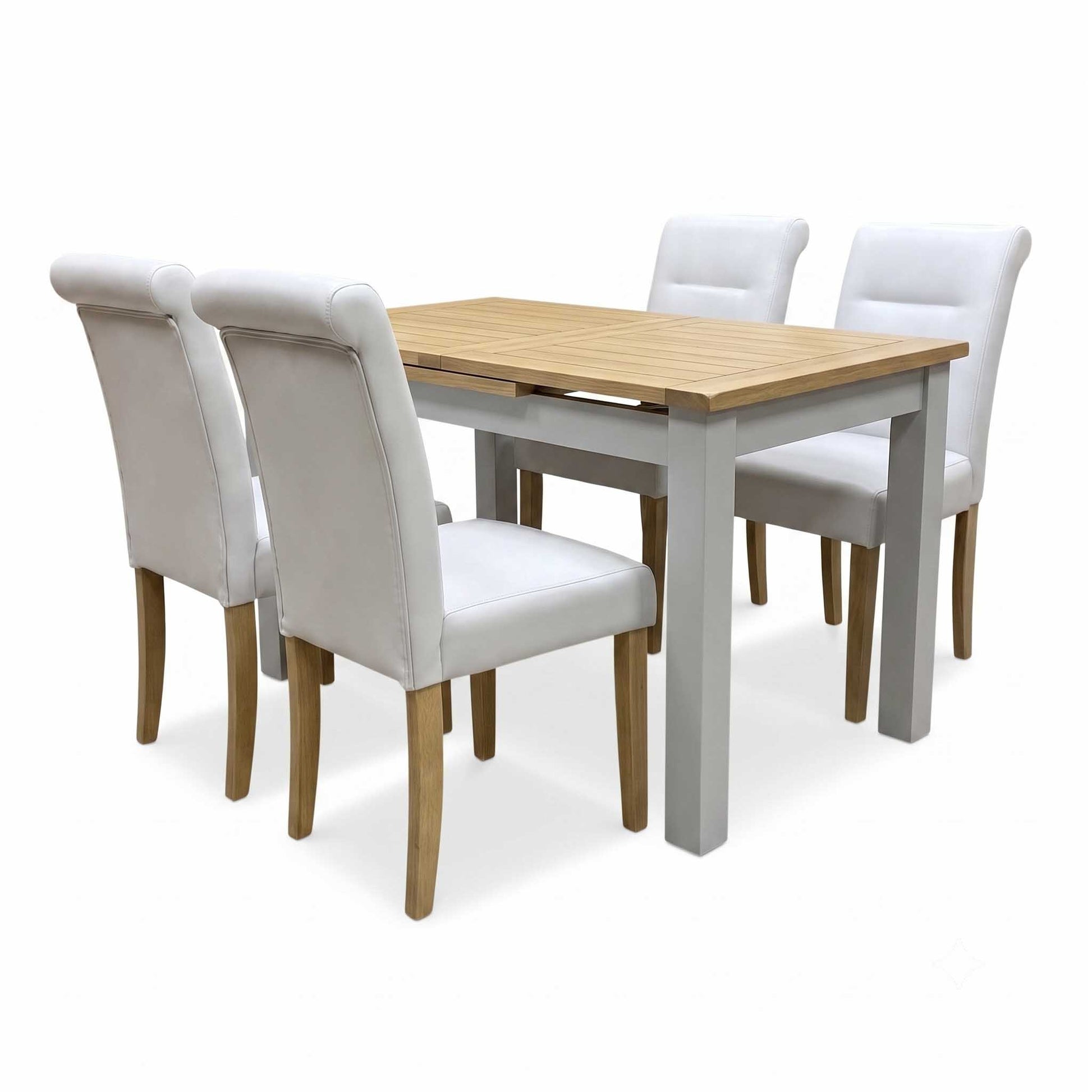‘Lewis’ Rectangular 160cm Extending Dining Table with Light Grey Faux Leather Roll Back Fixed Dining Chairs - Set of 4 Furniture Village