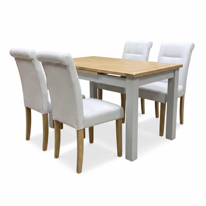 ‘Lewis’ Rectangular 160cm Extending Dining Table with Light Grey Faux Leather Roll Back Fixed Dining Chairs - Set of 4 Furniture Village
