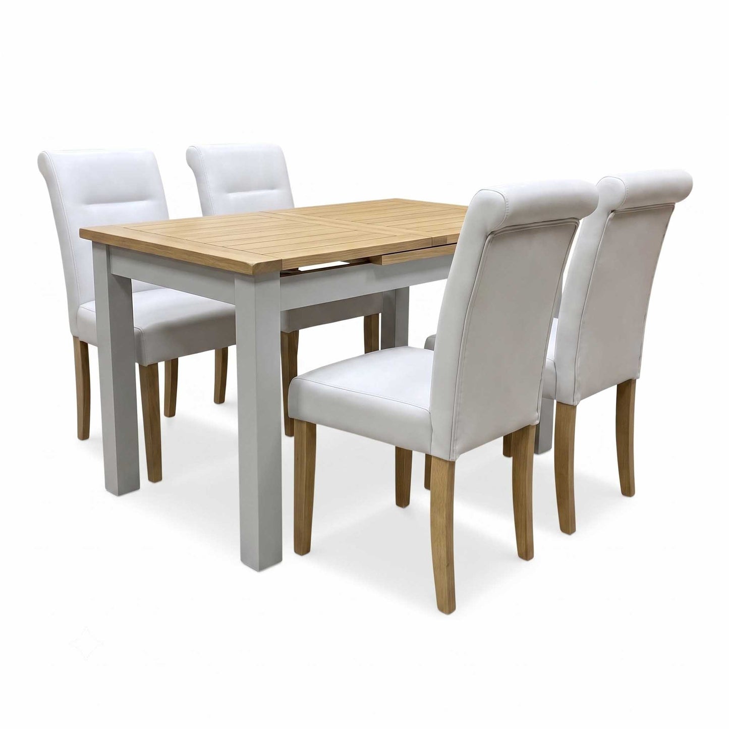 ‘Lewis’ Rectangular 160cm Extending Dining Table with Light Grey Faux Leather Roll Back Fixed Dining Chairs - Set of 4 Furniture Village