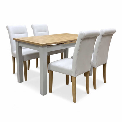 ‘Lewis’ Rectangular 160cm Extending Dining Table with Light Grey Faux Leather Roll Back Fixed Dining Chairs - Set of 4 Furniture Village