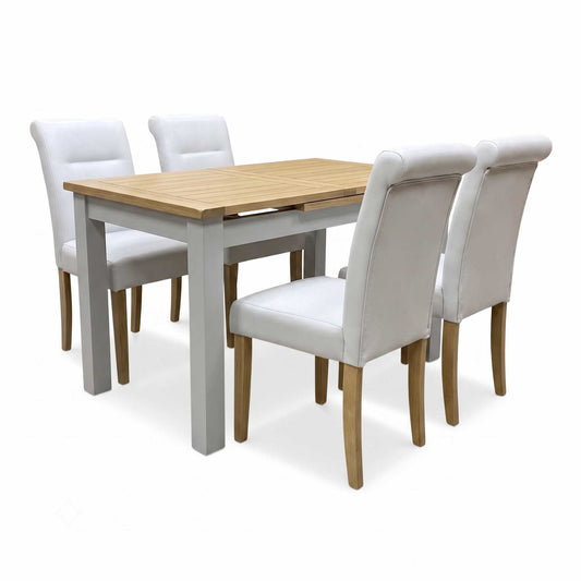 Full View ‘Lewis’ contemporary dining set, featuring a 160cm rectangular extending dining table paired with four matching light grey faux leather roll-back fixed dining chairs.