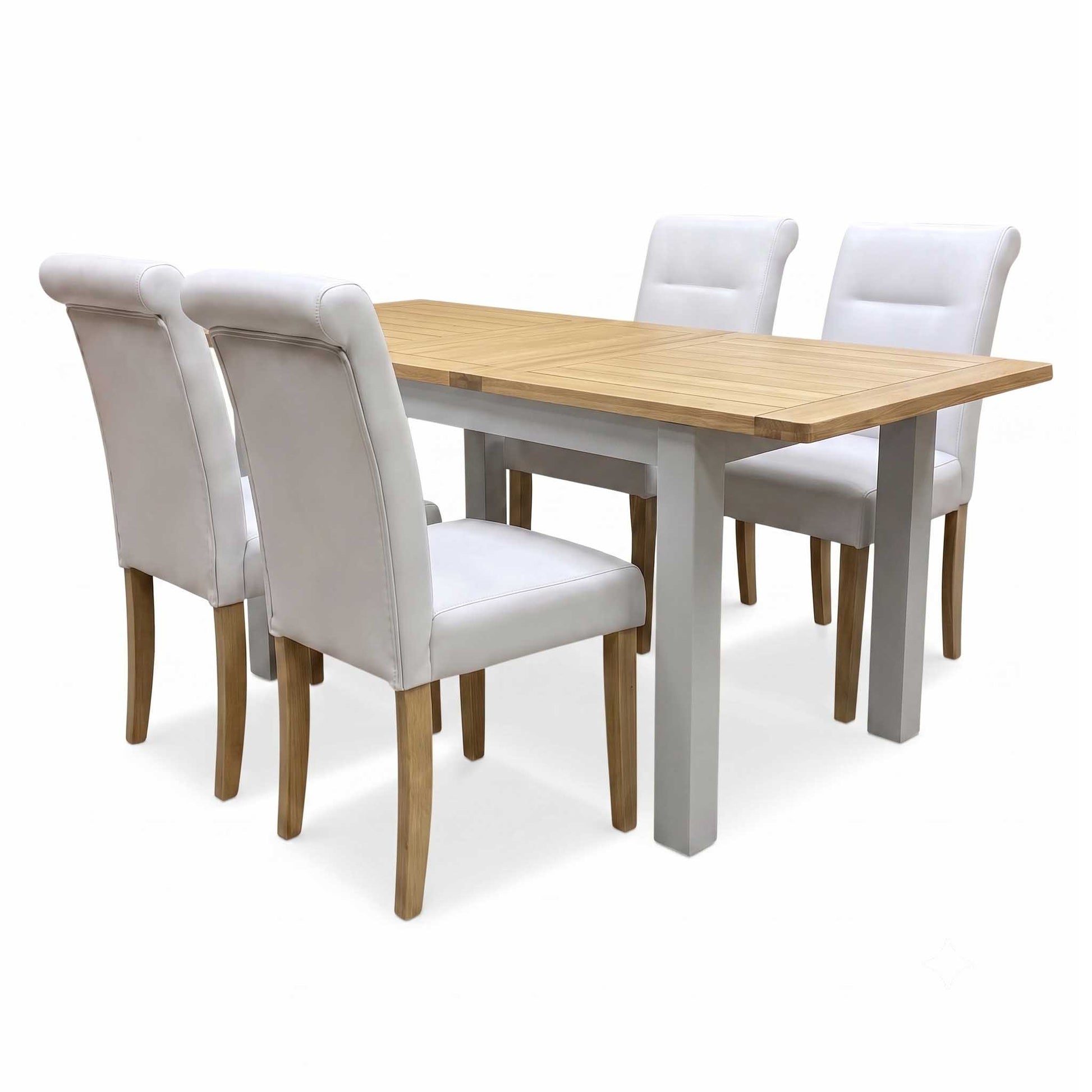 ‘Lewis’ Rectangular 160cm Extending Dining Table with Light Grey Faux Leather Roll Back Fixed Dining Chairs - Set of 4 Furniture Village