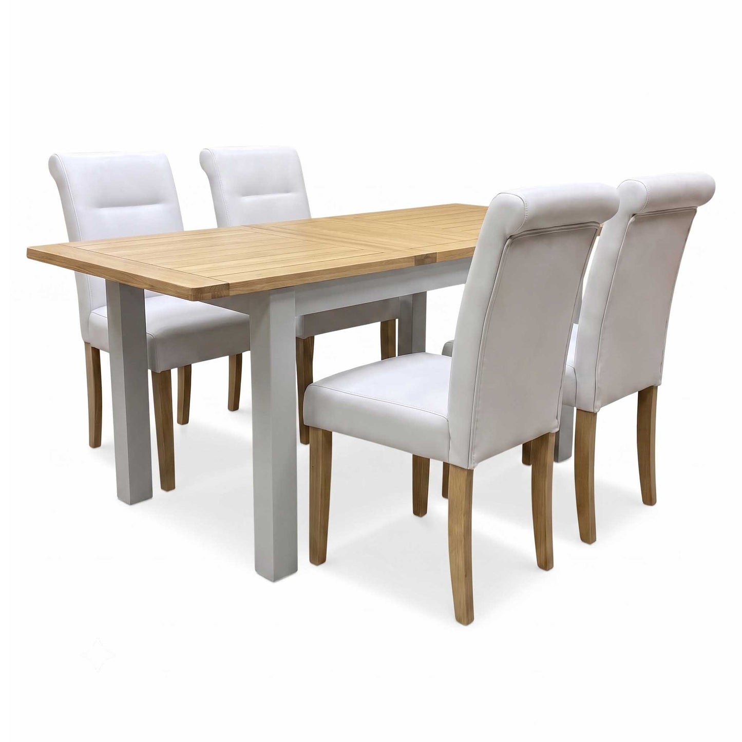 ‘Lewis’ Rectangular 160cm Extending Dining Table with Light Grey Faux Leather Roll Back Fixed Dining Chairs - Set of 4 Furniture Village