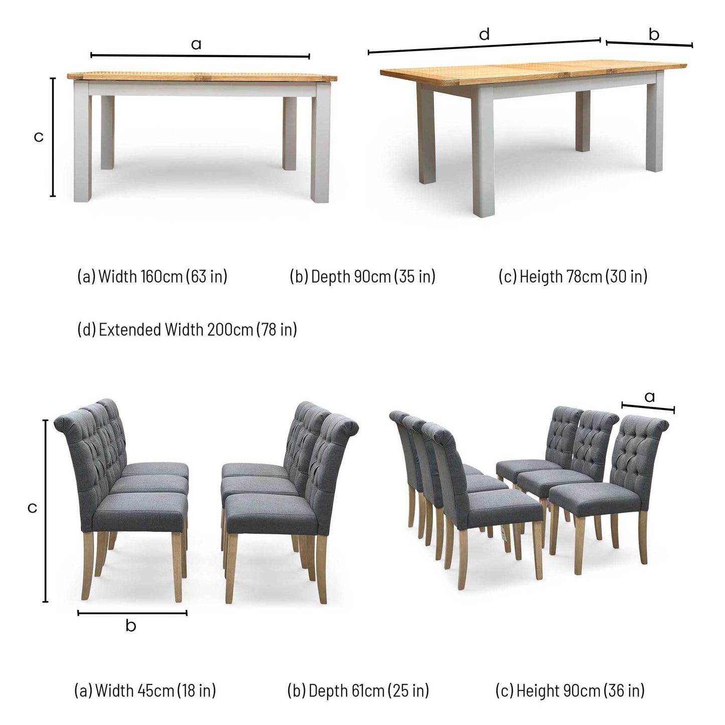 ‘Lewis’ Rectangular 160cm Extending Dining Table with Anthracite Grey Fabric Set of 6 Button Back Chairs