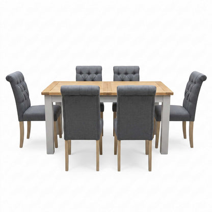 ‘Lewis’ Rectangular 160cm Extending Dining Table with Anthracite Grey Fabric Set of 6 Button Back Chairs