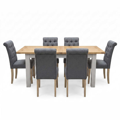 ‘Lewis’ Rectangular 160cm Extending Dining Table with Anthracite Grey Fabric Set of 6 Button Back Chairs