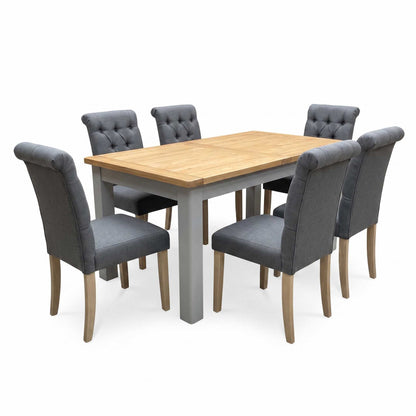 ‘Lewis’ Rectangular 160cm Extending Dining Table with Anthracite Grey Fabric Set of 6 Button Back Chairs